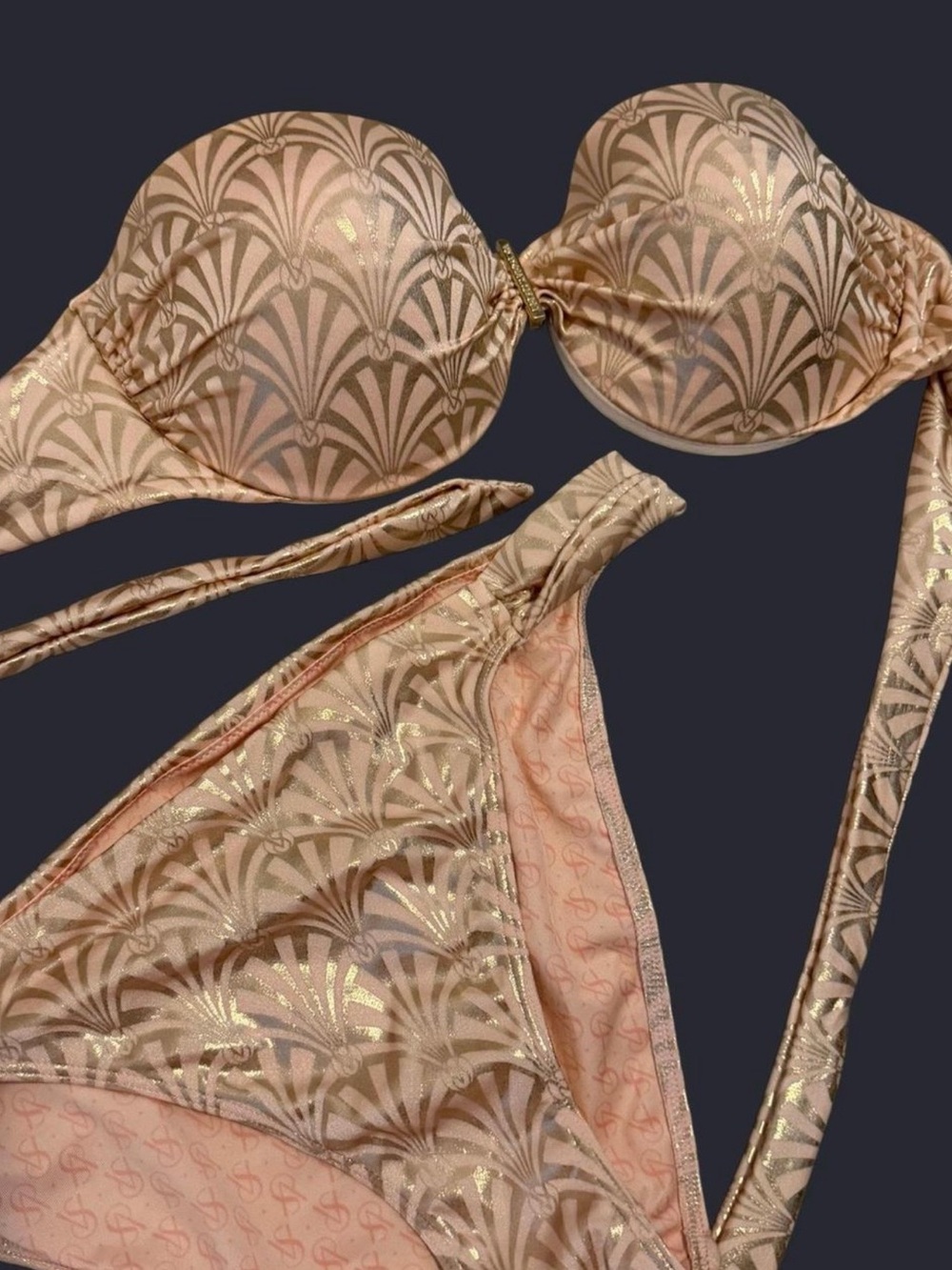 Vintage Victoria Secret Strapless Pink Gold Art Deco Bikini Set - Picture 3 of 3